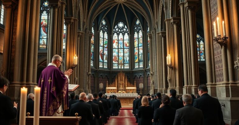 Realistyczne zdjęcie tradycyjnej katolickiej ceremonii pogrzebowej w kościele, z duchownymi w szatach liturgicznych, podkreślające powagę i wierność tradycji katolickiej.