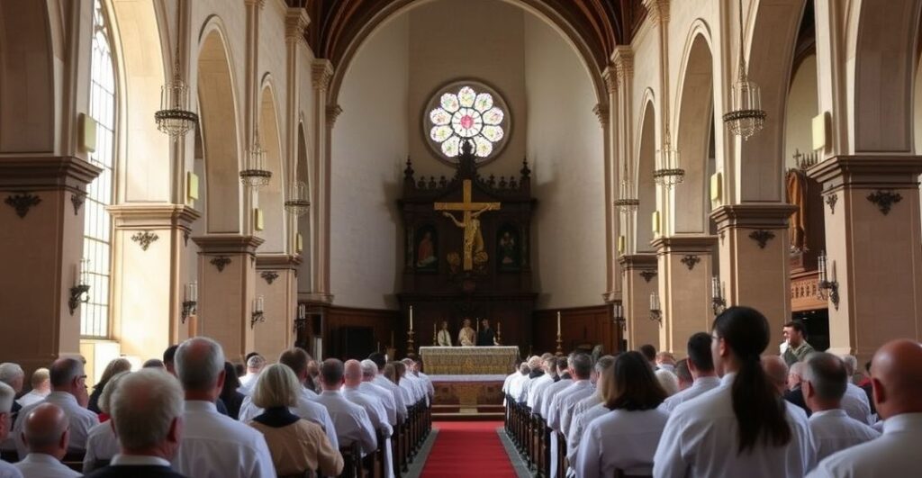 Rekolekcja katolicka w tradycyjnym kościele, duchowa eucharystyczna liturgia, obraz wiernych i kapłanów w głębokiej modlitwie