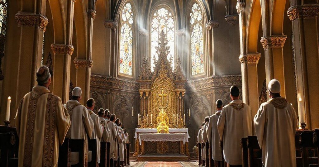 Obraz kościoła katolickiego z kapłanami odprawiającymi Eucharystię, symbolizujący tradycję i wierność naukom Kościoła