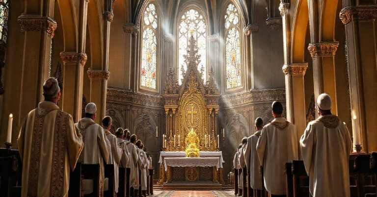Obraz kościoła katolickiego z kapłanami odprawiającymi Eucharystię, symbolizujący tradycję i wierność naukom Kościoła