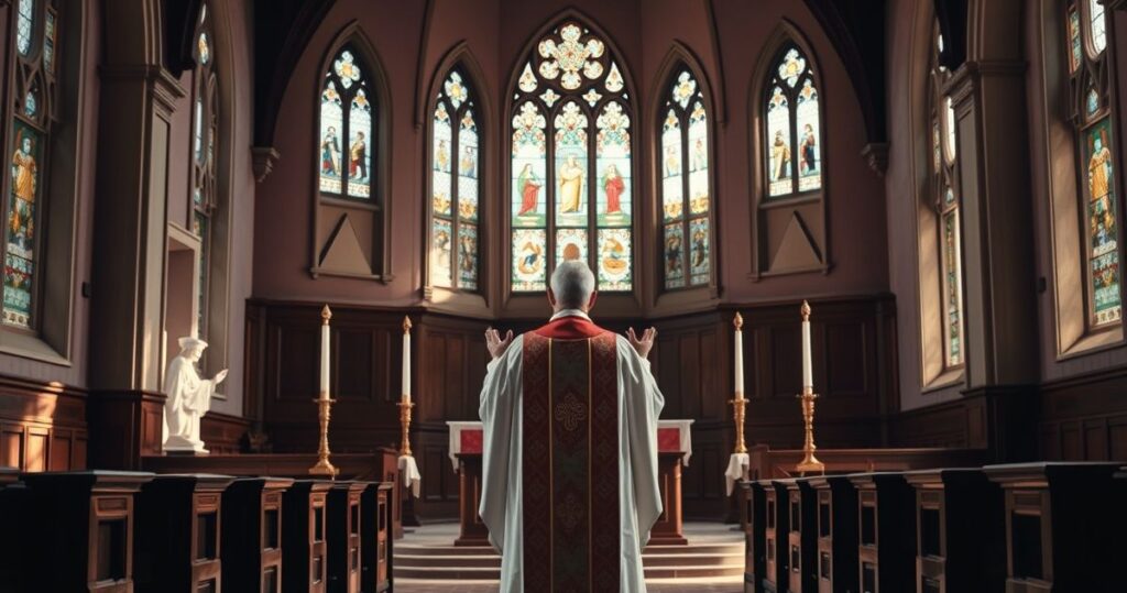 Realistyczny, pełen szacunku obraz katolicki przedstawiający tradycyjny ołtarz z kapłanem w starodawnych szatach podczas Eucharystii, otoczony świecami i sakramentami, ukazujący niezmienną świętość Tradycji katolickiej.