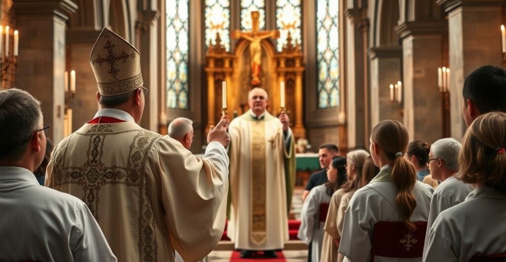 Ksiądz celebrujący Mszę świętą w tradycyjnym katolickim kościele, wierni uczestniczą w autentycznym nabożeństwie