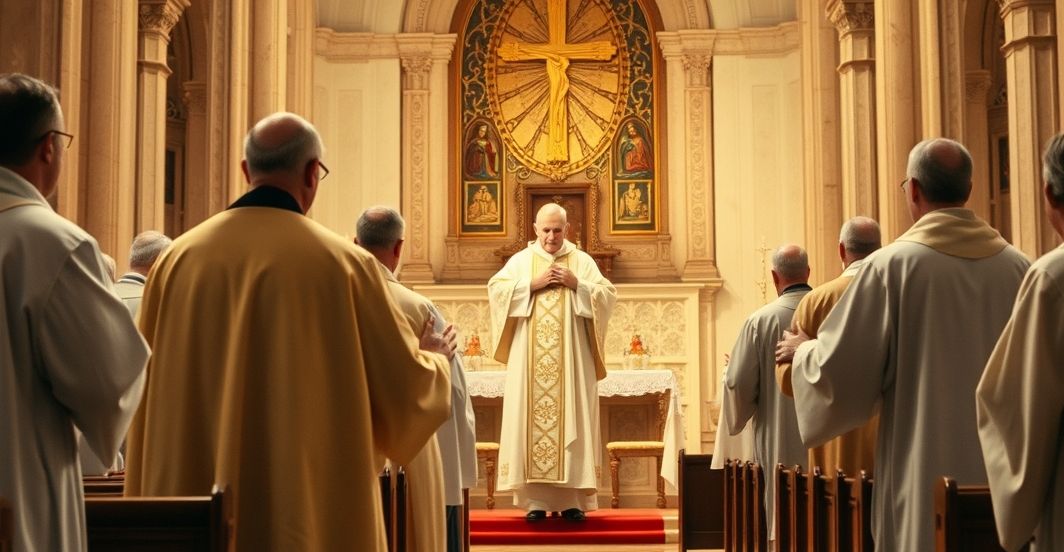 Sanktuarium katolickie z kapłańską ceremonią kanonizacji w tradycyjnym stylu, podkreślając powagę i wierność tradycji katolickiej