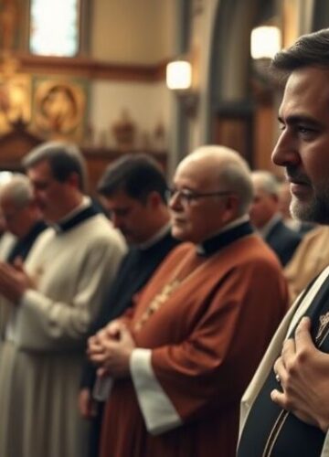 Tradycyjna katolicka liturgia w świątyni - obraz realistyczny Obraz realistycznej, katolickiej liturgii w tradycyjnej świątyni, podkreślający powagę i wierność naukom Kościoła