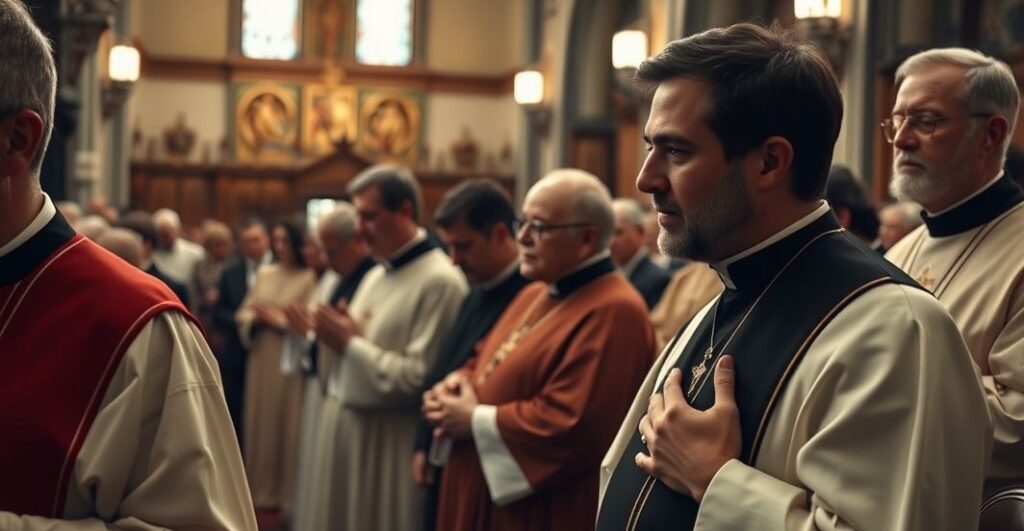 Obraz realistycznej, katolickiej liturgii w tradycyjnej świątyni, podkreślający powagę i wierność naukom Kościoła