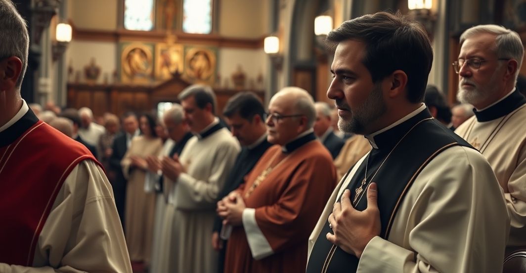 Obraz realistycznej, katolickiej liturgii w tradycyjnej świątyni, podkreślający powagę i wierność naukom Kościoła