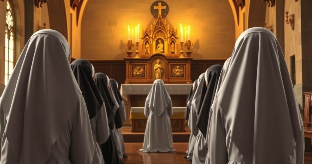 Receptywny, tradycyjny obraz katolickiej kaplicy z zakonnicami adorującymi Najświętszy Sakrament przy tabernakulum, w ciepłym świetle świec, podkreślający głęboką pobożność i wierność naukom Kościoła.