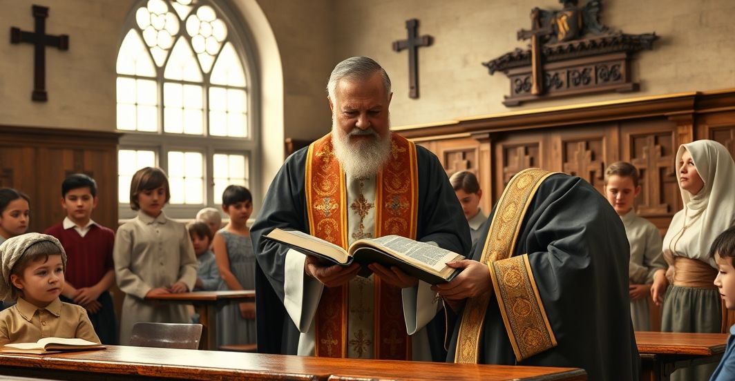 Klasztor katolicki z księdzem w sutannie czytającym Biblię dzieciom na poważnej, tradycyjnej lekcji religii