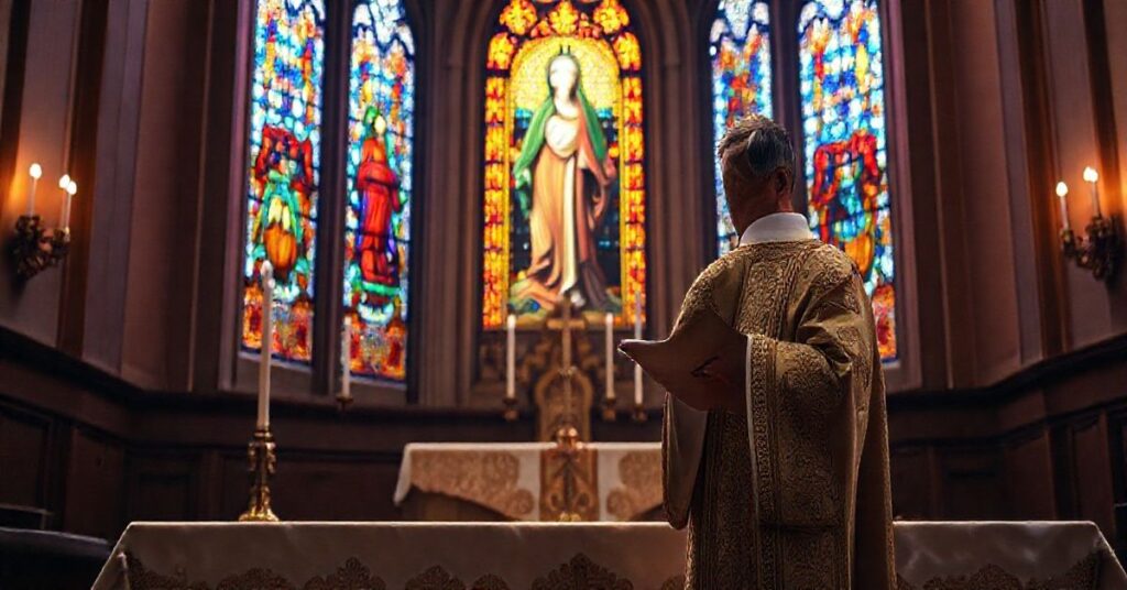 Tradycyjna katolicka scena liturgiczna z kapłanem przy ołtarzu, ukazująca głęboką wiarę i powagę sakramentu w atmosferze czci i tradycji