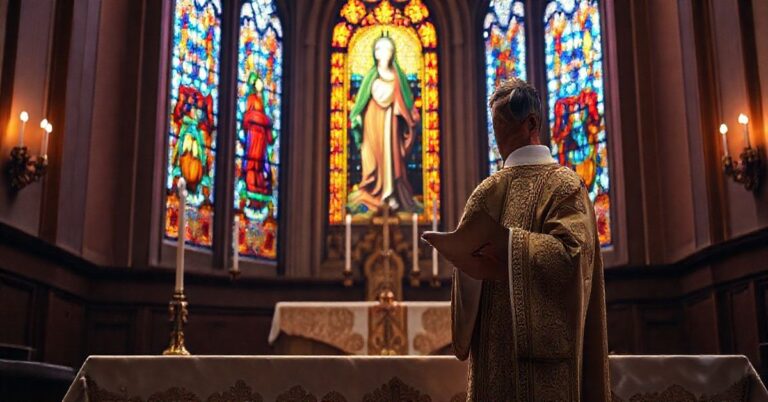 Tradycyjna katolicka scena liturgiczna z kapłanem przy ołtarzu, ukazująca głęboką wiarę i powagę sakramentu w atmosferze czci i tradycji