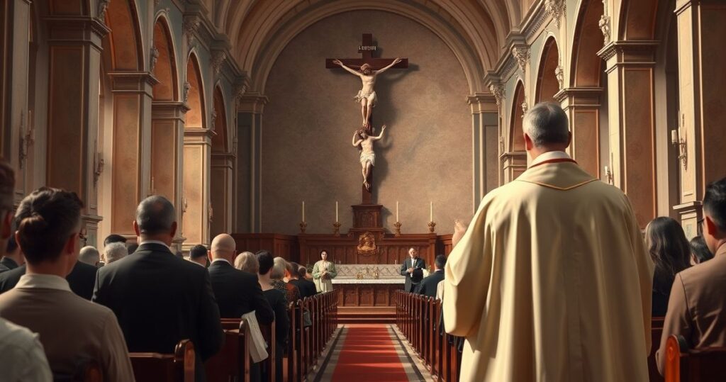 Obraz realistyczny przedstawiający tradycyjną katolicką ceremonię w kościele, z kapłanem, krucyfiksem i wiernymi w modlitwie