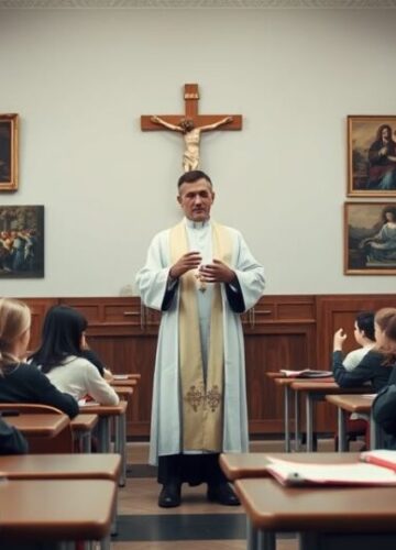 Tradycyjna katolicka scena edukacyjna z duchownym i uczniami Tradycyjna katolicka sala lekcyjna z duchownym, uczniami i krucyfiksem, oddająca powagę i wierność nauczaniu Kościoła.