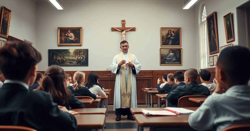 Tradycyjna katolicka sala lekcyjna z duchownym, uczniami i krucyfiksem, oddająca powagę i wierność nauczaniu Kościoła.