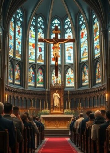 Tradycyjna katolicka liturgia w kościele – obraz wiernego oddania Obraz realistycznej katolickiej liturgii w tradycyjnym kościele, z kapłanami w ornatach i wiernymi w modlitewnym skupieniu