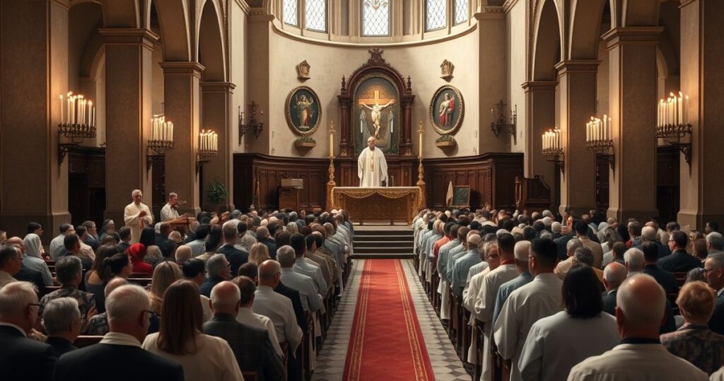 Fotografia realistyczna przedstawiająca tradycyjną katolicką liturgię w świątyni, z kapłanami i wiernymi w modlitewnej atmosferze, podkreślająca powagę i świętość nabożeństwa.