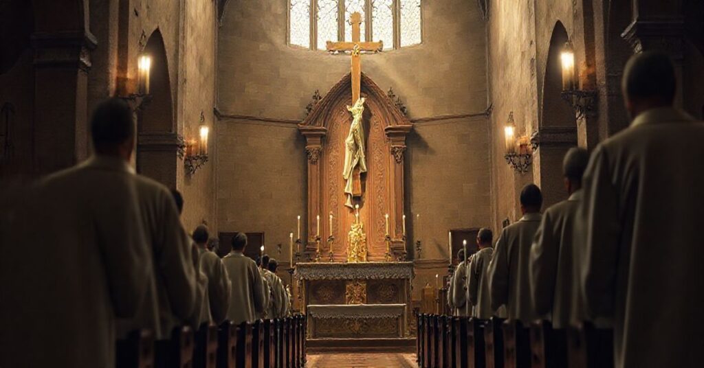 Obraz przedstawiający tradycyjną katolicką liturgię w starożytnej świątyni, z kapłanami w dawnych szatach, podkreślający powagę i wierność prawdziwej wierze