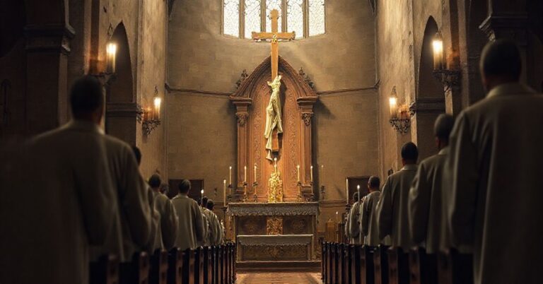 Obraz przedstawiający tradycyjną katolicką liturgię w starożytnej świątyni, z kapłanami w dawnych szatach, podkreślający powagę i wierność prawdziwej wierze