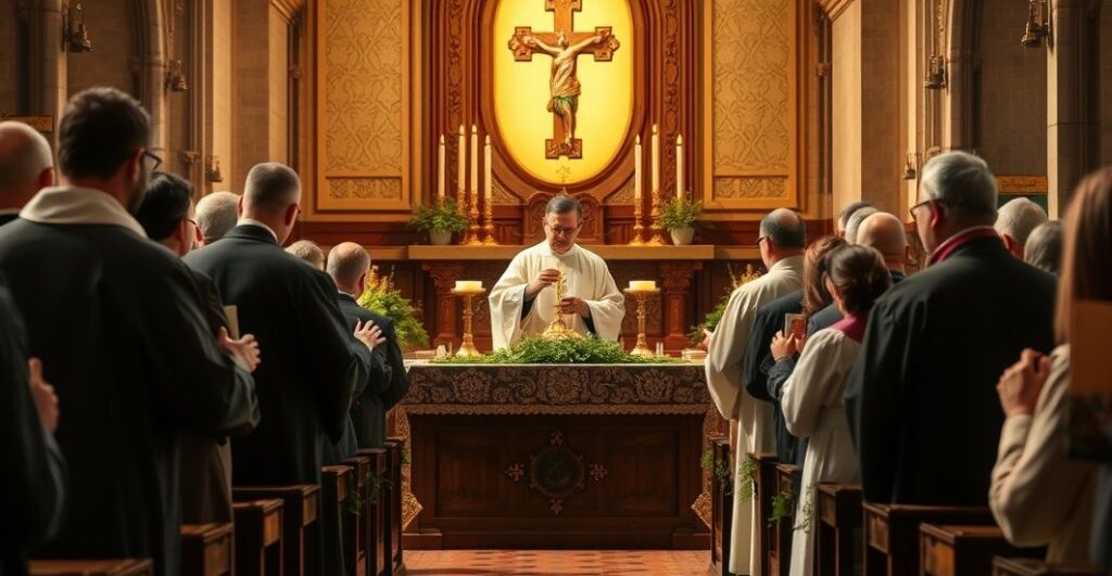 Sanktuarium katolickie z kapłanami w liturgii dziękczynienia za plony w tradycyjnej, ortodoksyjnej oprawie, ukazujące powagę i wierność katolickiemu nauczaniu