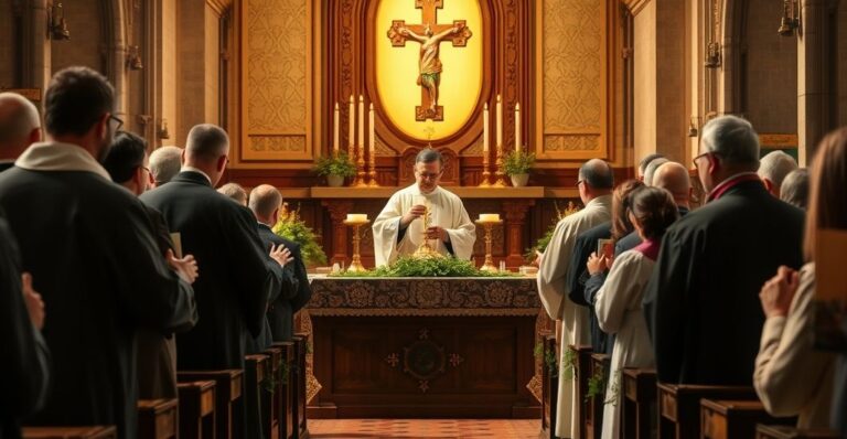 Sanktuarium katolickie z kapłanami w liturgii dziękczynienia za plony w tradycyjnej, ortodoksyjnej oprawie, ukazujące powagę i wierność katolickiemu nauczaniu