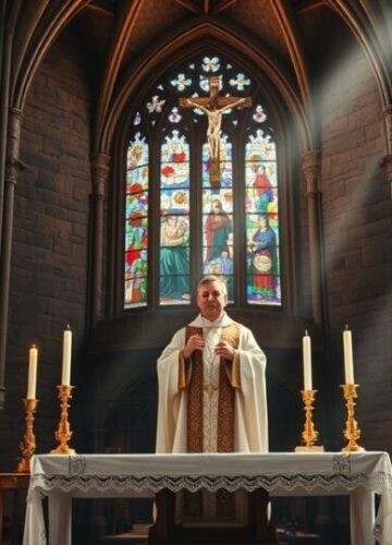 Tradycyjna katolicka liturgia w gotyckiej katedrze Realistyczne zdjęcie tradycyjnej katolickiej liturgii w gotyckiej katedrze, z kapłanem w liturgicznych szatach przy ołtarzu, otoczonym architekturą średniowieczną, wywołujące poczucie duchowego skupienia i szacunku.