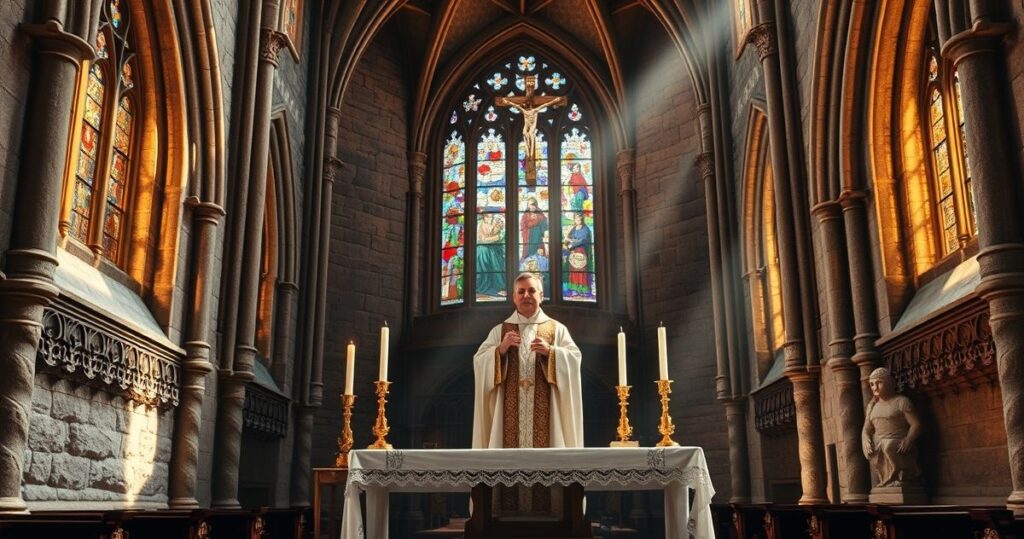 Realistyczne zdjęcie tradycyjnej katolickiej liturgii w gotyckiej katedrze, z kapłanem w liturgicznych szatach przy ołtarzu, otoczonym architekturą średniowieczną, wywołujące poczucie duchowego skupienia i szacunku.