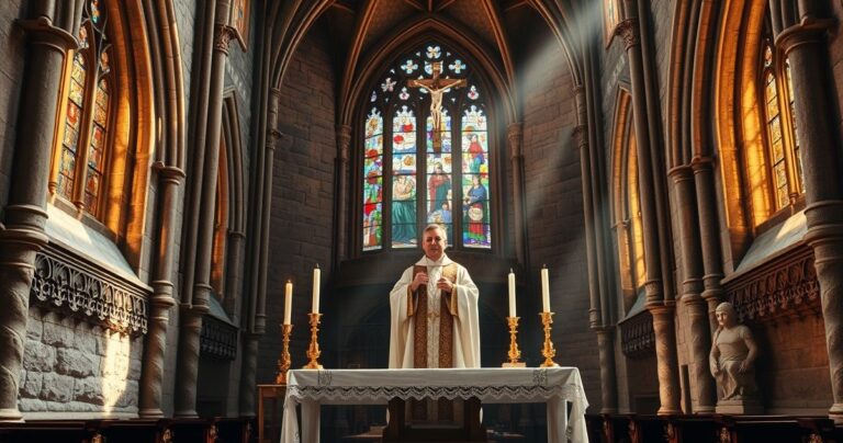 Realistyczne zdjęcie tradycyjnej katolickiej liturgii w gotyckiej katedrze, z kapłanem w liturgicznych szatach przy ołtarzu, otoczonym architekturą średniowieczną, wywołujące poczucie duchowego skupienia i szacunku.