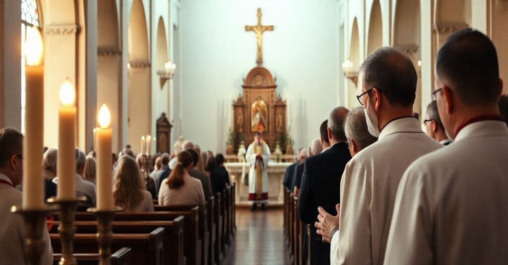 Obraz ukazujący tradycyjną katolicką ceremonię w kościele, pełną powagi, modlitwy i liturgii, podkreślający autentyczną świętość i tradycyjne wartości Kościoła katolickiego.