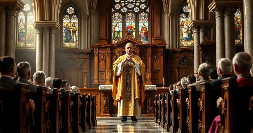 Realistyczne, pełne szacunku zdjęcie tradycyjnej katolickiej liturgii z kapłanem podczas mszy w kościele, wiernymi na tle przyzwoicie oświetlonego ołtarza, podkreślające wierność naukom Kościoła.