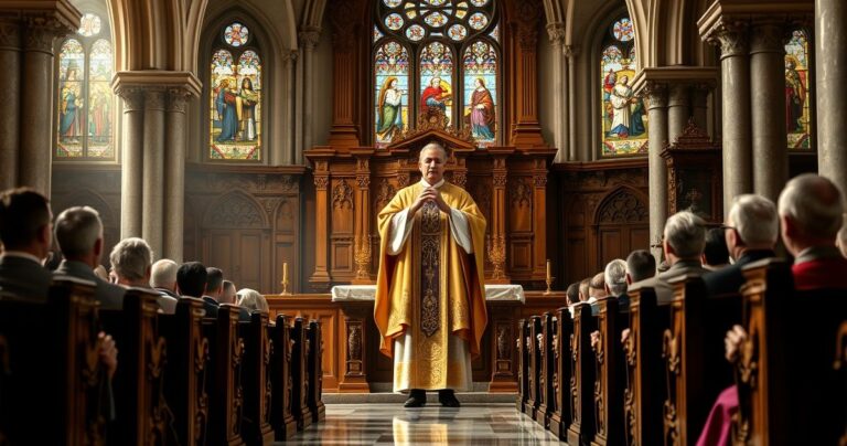 Realistyczne, pełne szacunku zdjęcie tradycyjnej katolickiej liturgii z kapłanem podczas mszy w kościele, wiernymi na tle przyzwoicie oświetlonego ołtarza, podkreślające wierność naukom Kościoła.