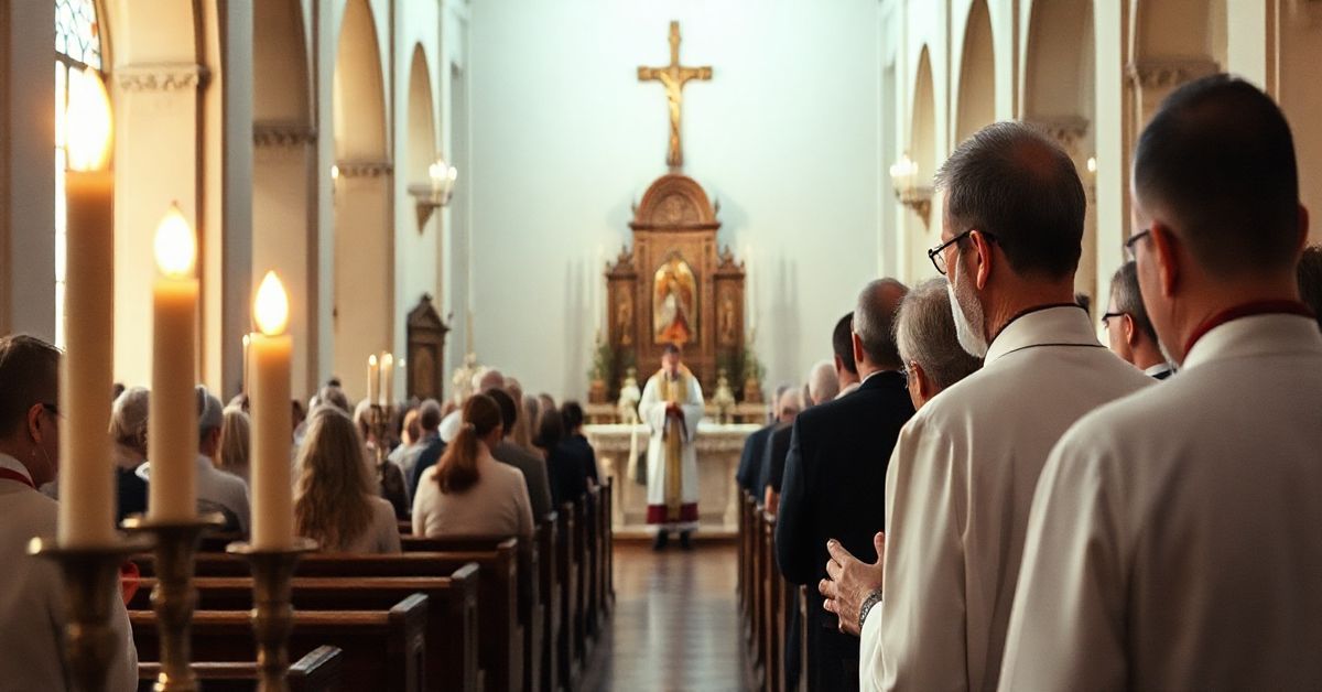 Realistyczne, pełne szacunku zdjęcie tradycyjnej katolickiej liturgii z kapłanem podczas mszy w kościele, wiernymi na tle przyzwoicie oświetlonego ołtarza, podkreślające wierność naukom Kościoła.