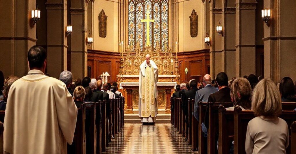 Kapłan odprawiający Mszę świętą w tradycyjnym kościele, ukazujący katolicką liturgię w duchu prawdziwej wiary