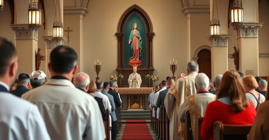 Reverent Catholic church interior podczas liturgii, z kapłanami, wiernymi i obrazem Matki Bożej, ukazujące tradycyjną, pełną szacunku atmosferę religijną