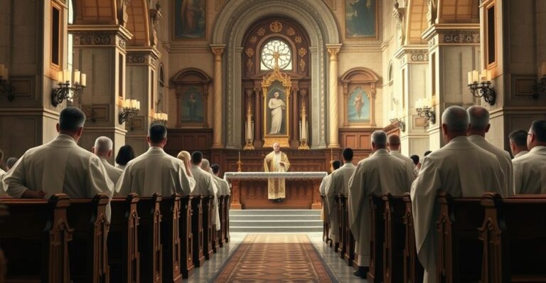 Tradycyjny katolicki kościół z kapłanami podczas Mszy, odzwierciedlający wierność doktrynie i kultowi Eucharystii