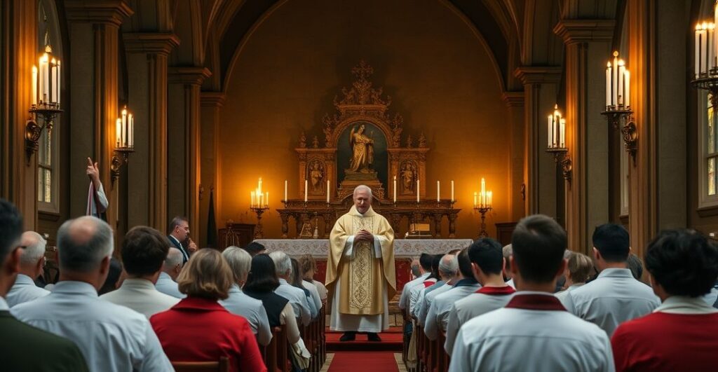 Szczegółowe zdjęcie tradycyjnego katolickiego kapłańskiego nabożeństwa w pełnej powagi i duchowej głębi, odzwierciedlające wierność prawdzie wiary.