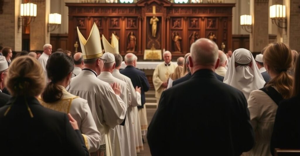 Religijni katoliccy duchowni i wierni w tradycyjnej liturgii, oddający cześć Bogu w świątobliwym i poważnym otoczeniu kościelnym