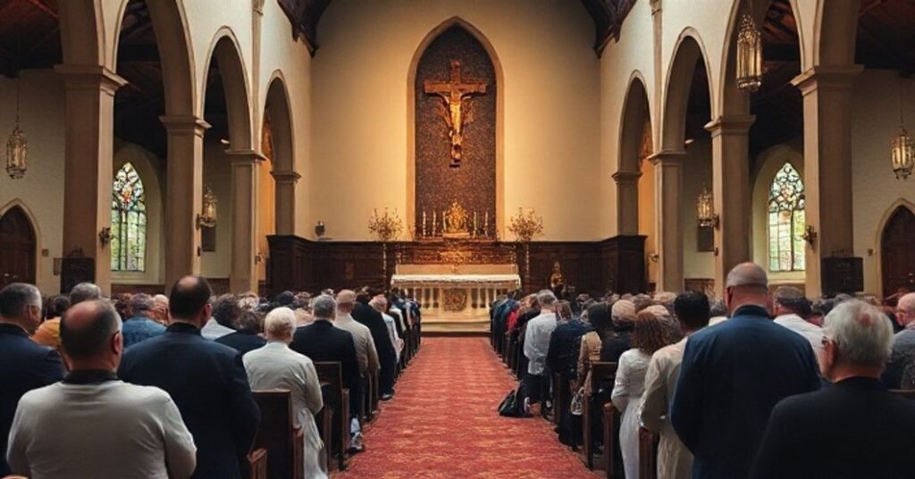Obraz katolickiego wnętrza kościoła z wiernymi podczas modlitwy, podkreślający pobożność i tradycyjne wartości religijne