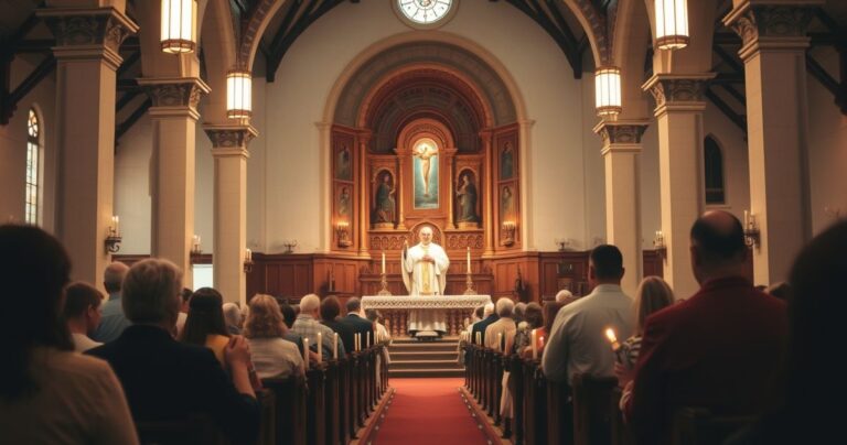Zdjęcie realistycznej, pełnej szacunku sceny modlitwy w tradycyjnej katolickiej świątyni, z wiernymi i kapłanem w liturgicznym nakryciu, oddającymi cześć Bogu, bez symboli surrealistycznych lub nowoczesnych.