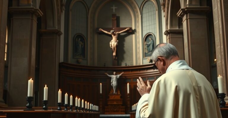 Rekonstrukcja katolickiej liturgii w tradycyjnym kościele, duchowe skupienie, modlitwa przed krucyfiksem, tradycyjny duch katolicki