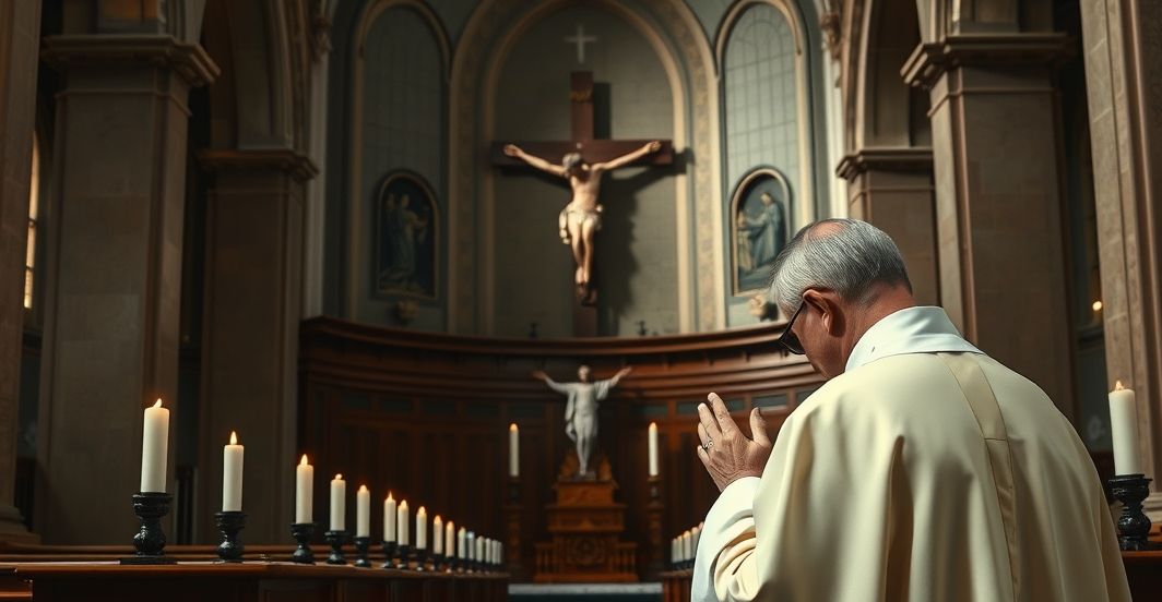 Rekonstrukcja katolickiej liturgii w tradycyjnym kościele, duchowe skupienie, modlitwa przed krucyfiksem, tradycyjny duch katolicki