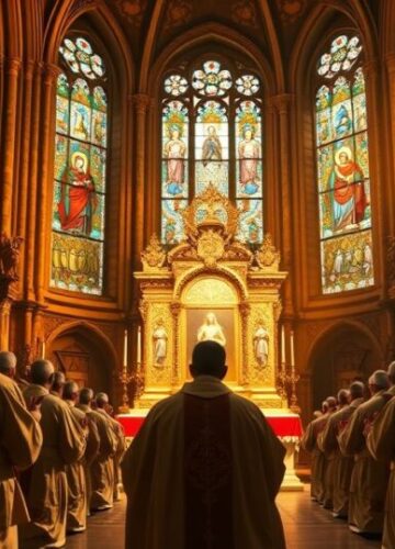 Catholic Prayers and Devotion in Traditional Church Setting Siedmiu kapłanów w tradycyjnych szatach modli się przed Najświętszym Sakramentem w zabytkowym kościele, oddając cześć i wiarę, wyrażając duchową siłę i oddanie prawdziwej Katolickiej tradycji.