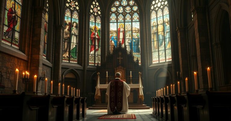 Reverent scena katolickiego kapłana modlącego się w tradycyjnej świątyni, ukazująca duchową głębię i powagę wiary