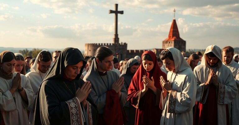 Grupa wiernych modlących się na Wawelu, ukazująca tradycyjną katolicką pobożność i szacunek wobec świętości w realistycznej, sakralnej scenerii