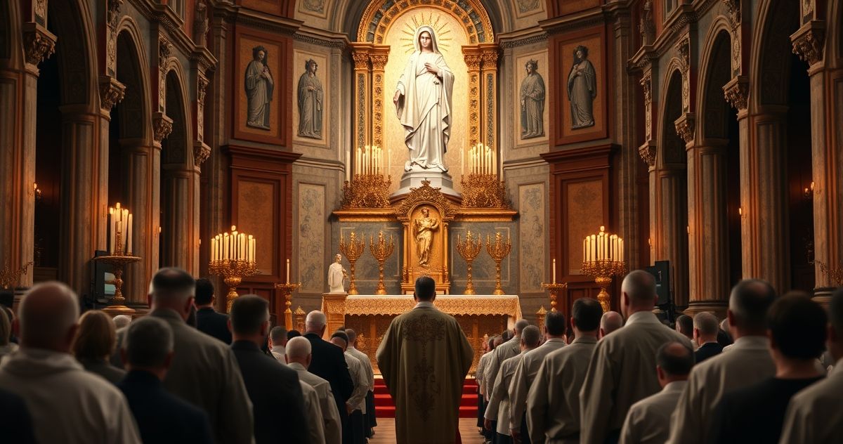 Wnętrze tradycyjnego katolickiego kościoła podczas uroczystej Mszy z kapłanami i wiernymi, ukazujące głęboką pobożność i katolicką tradycję