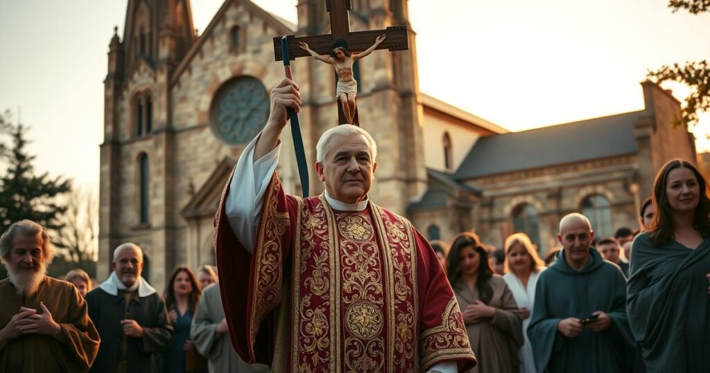 Rewersyjne, pełne szacunku zdjęcie tradycyjnej katolickiej procesji z kapłanem i wiernymi przy historycznym kościele, symbolizujące wiarę i pobożność