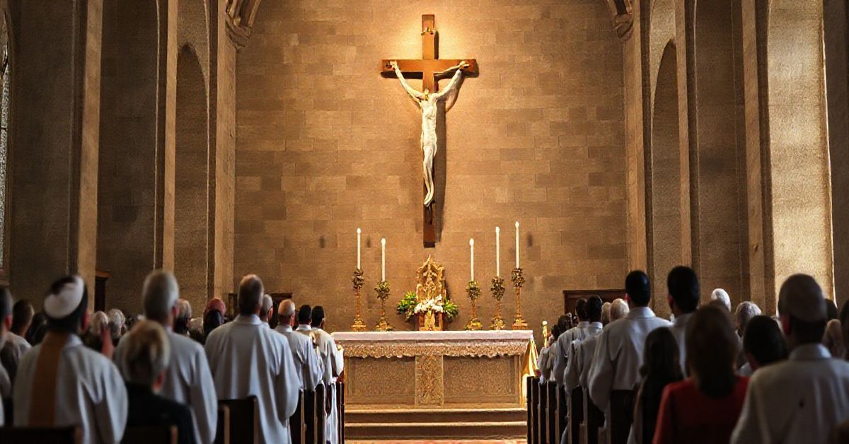 Sanktuarium katolickie z ołtarzem, krucyfiksem i wiernymi w modlitwie, ukazujące tradycyjną, katolicką eucharystię w duchu obrony prawdziwego nauczania.