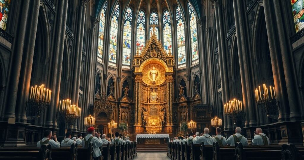 Rewersyjne zdjęcie katolickiego wnętrza z ołtarzem i kapłanami, symbolizujące tradycyjną wiarę i duchowość, odrzucającą modernistyczne błędy