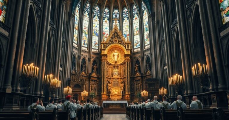 Rewersyjne zdjęcie katolickiego wnętrza z ołtarzem i kapłanami, symbolizujące tradycyjną wiarę i duchowość, odrzucającą modernistyczne błędy