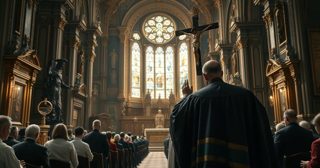 Rekolekcja katolicka w tradycyjnym kościele z kapłanem i wiernymi, ukazująca głęboką wiarę i tradycyjne wartości