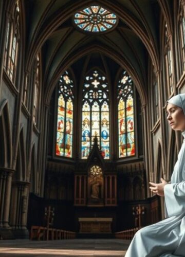 Tradycyjna katolicka zakonnica modląca się w kościele Obraz tradycyjnej katolickiej zakonnicy modlącej się w historycznym kościele, symbolizujący prawdziwą świętość i pokorę.