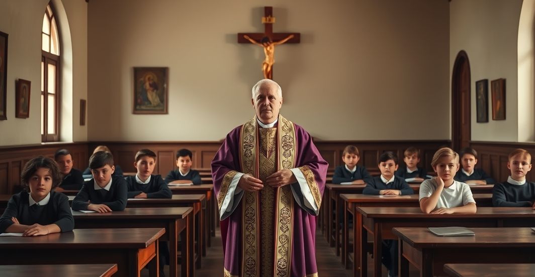 Tradycyjna katolicka klasa szkolna z kapłanem i uczniami w świątyni, ukazująca autentyczną i poważną atmosferę wiary katolickiej
